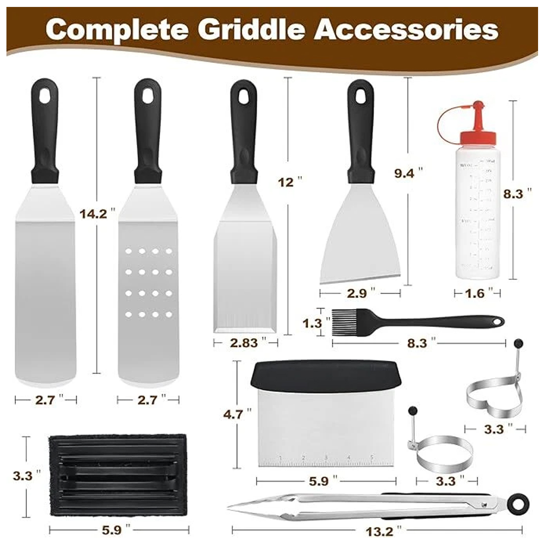 14 Pcs Professional Stainless Steel Griddle Grill Tools Set BBQ Accessories